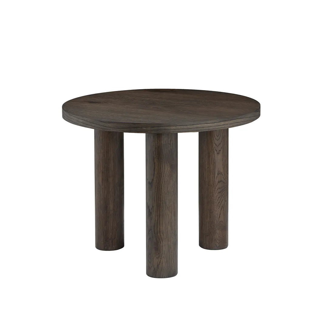 Capri 65cm brown oak veneer lamp table with three cylindrical legs – front view