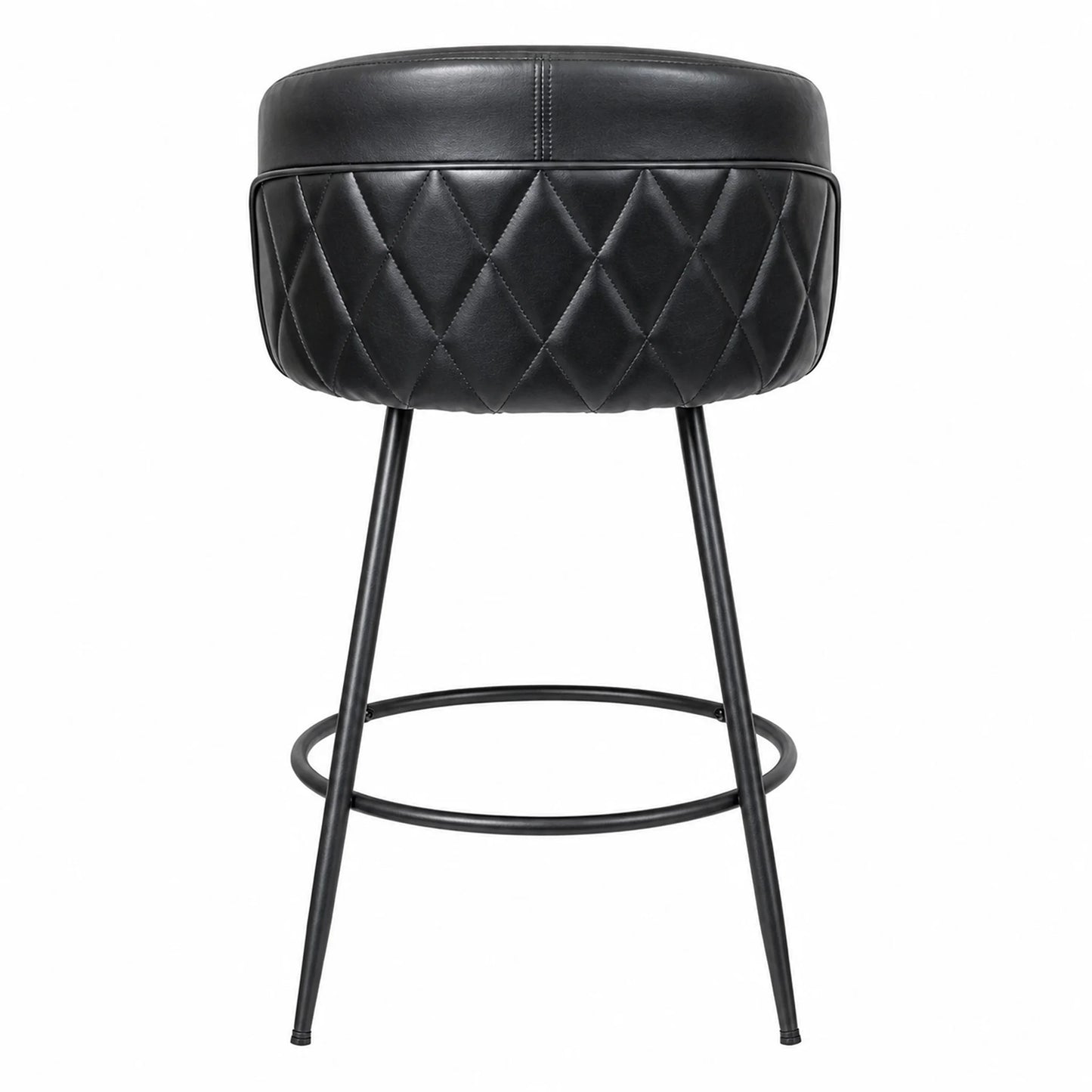A modern bar stool with a black faux leather cushioned seat featuring a diamond-quilted pattern on the lower half, supported by slim black metal legs and a circular footrest, shown against a plain white background.