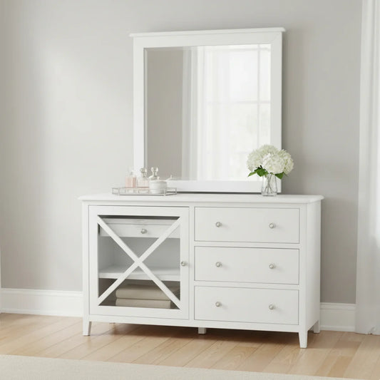 Hampton White 5 Drawer Timber Dresser with Mirror