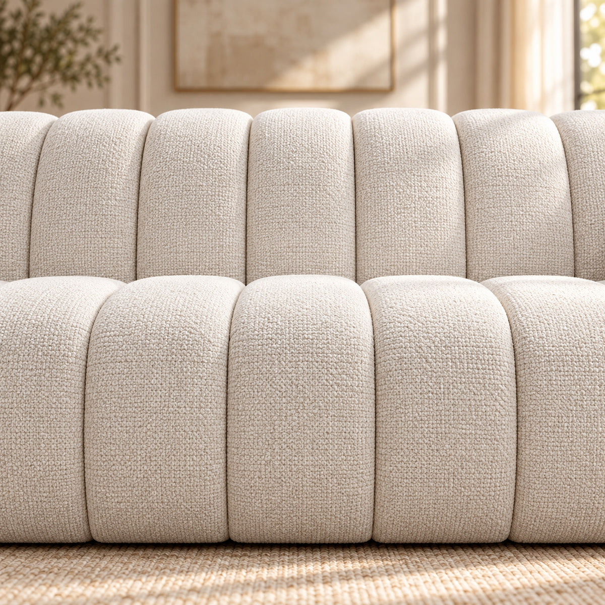 Kenya Beige 4 seater sofa with curved low-profile design, slanted arms and vertical panel detailing, close up view