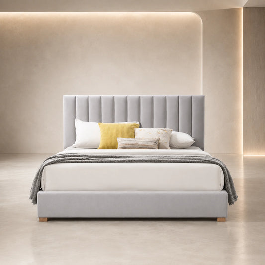 Marcus Light Grey Velvet-Look Fabric Bed Frame