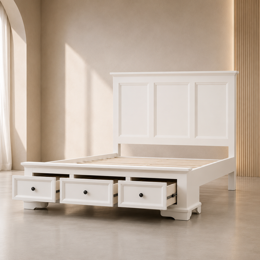 Sala White Acacia Storage Bed Frame with 3 Drawers - QUEEN