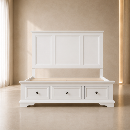 Sala White Acacia Storage Bed Frame with 3 Drawers