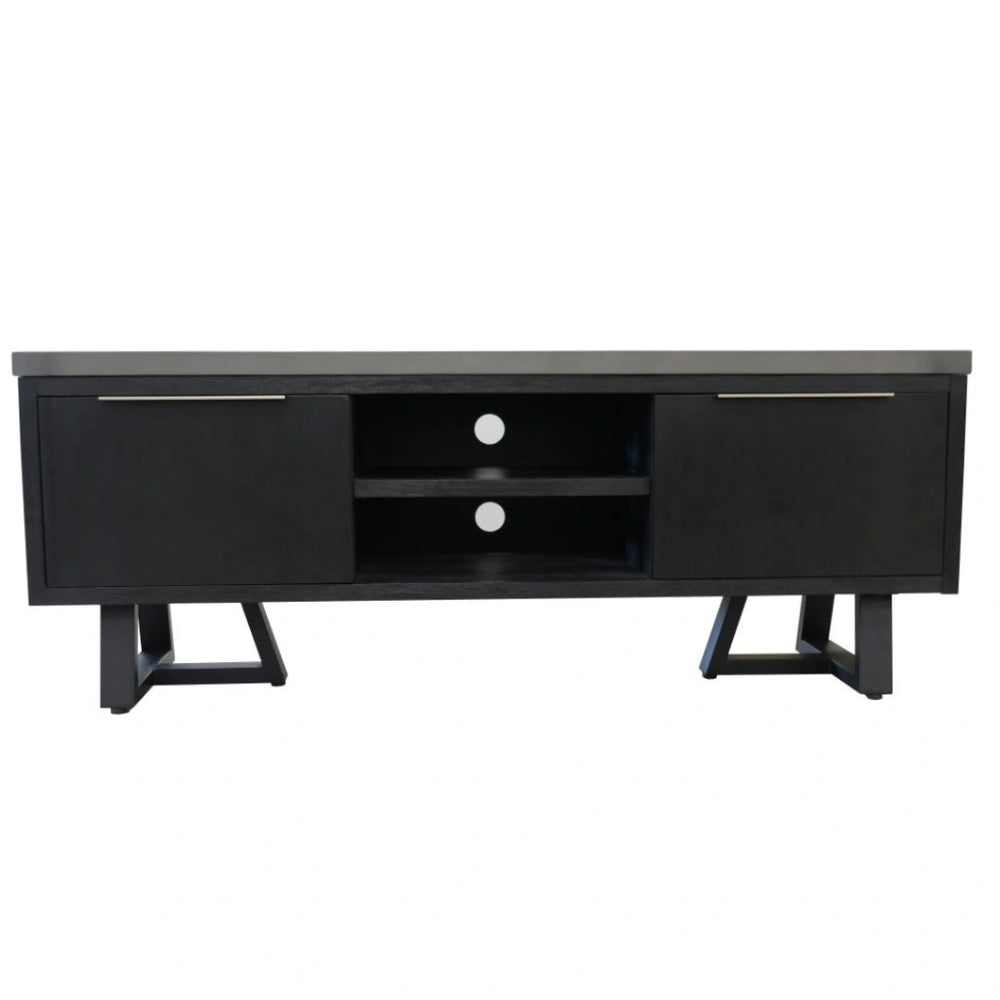 A modern black media console with two cabinet doors, two open shelves, and angled metal legs, shown against a plain white background.