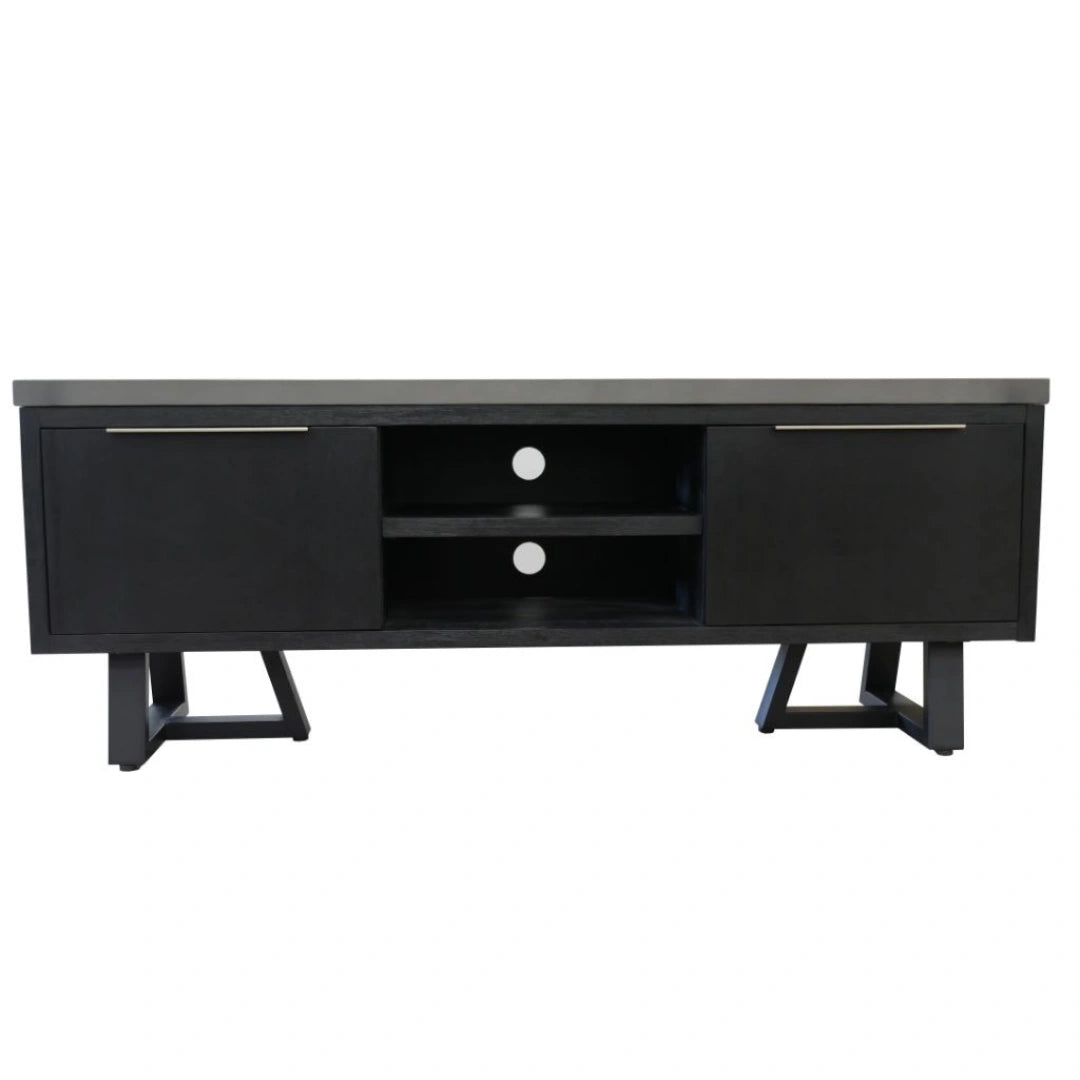 A modern black media console with two cabinet doors, two open shelves, and angled metal legs, shown against a plain white background.