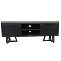 A modern black media console with two cabinet doors, two open shelves, and angled metal legs, shown against a plain white background.