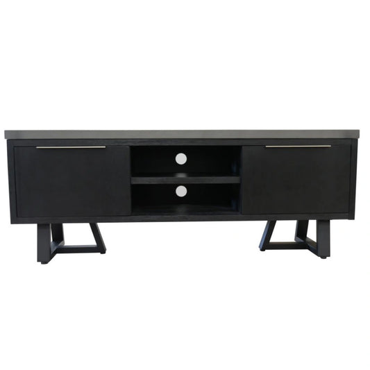 A modern black media console with two cabinet doors, two open shelves, and angled metal legs, shown against a plain white background.