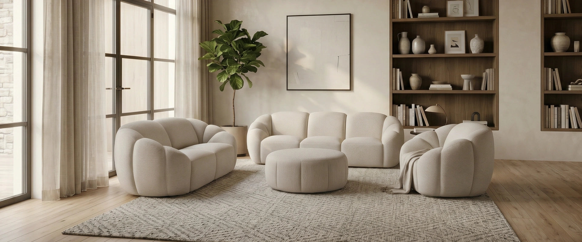 A modern living room set featuring a cream-colored modular sofa, two matching armchairs, a round ottoman, and a textured area rug on a light wood floor. The room is styled with a potted plant, built-in wooden bookshelves, and large windows with sheer curtains.