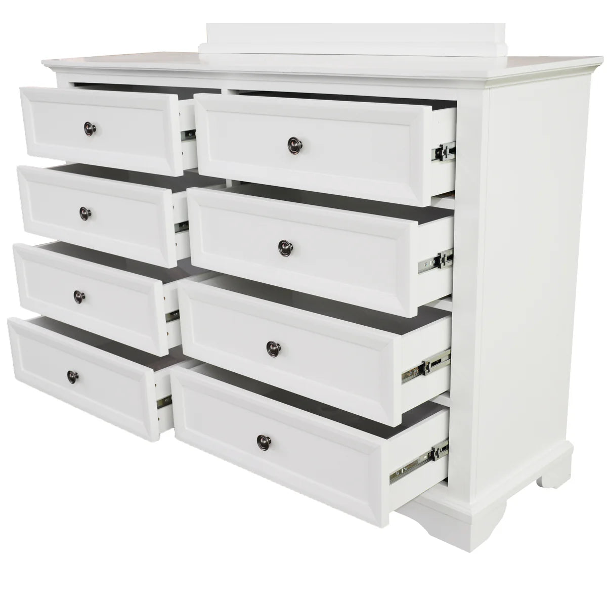 A white wooden dresser with eight drawers, including two top drawers and six side drawers, shown with several pulls out to reveal metal drawer hardware against a white background.