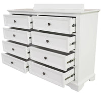 A white wooden dresser with eight drawers, including two top drawers and six side drawers, shown with several pulls out to reveal metal drawer hardware against a white background.