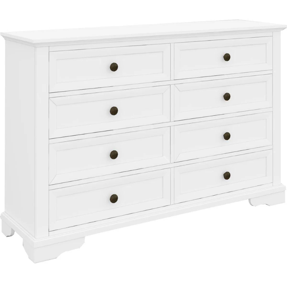 A white six-drawer dresser with panelled drawer fronts and small round dark metal knobs, shown on a plain white background.