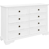 A white six-drawer dresser with panelled drawer fronts and small round dark metal knobs, shown on a plain white background.
