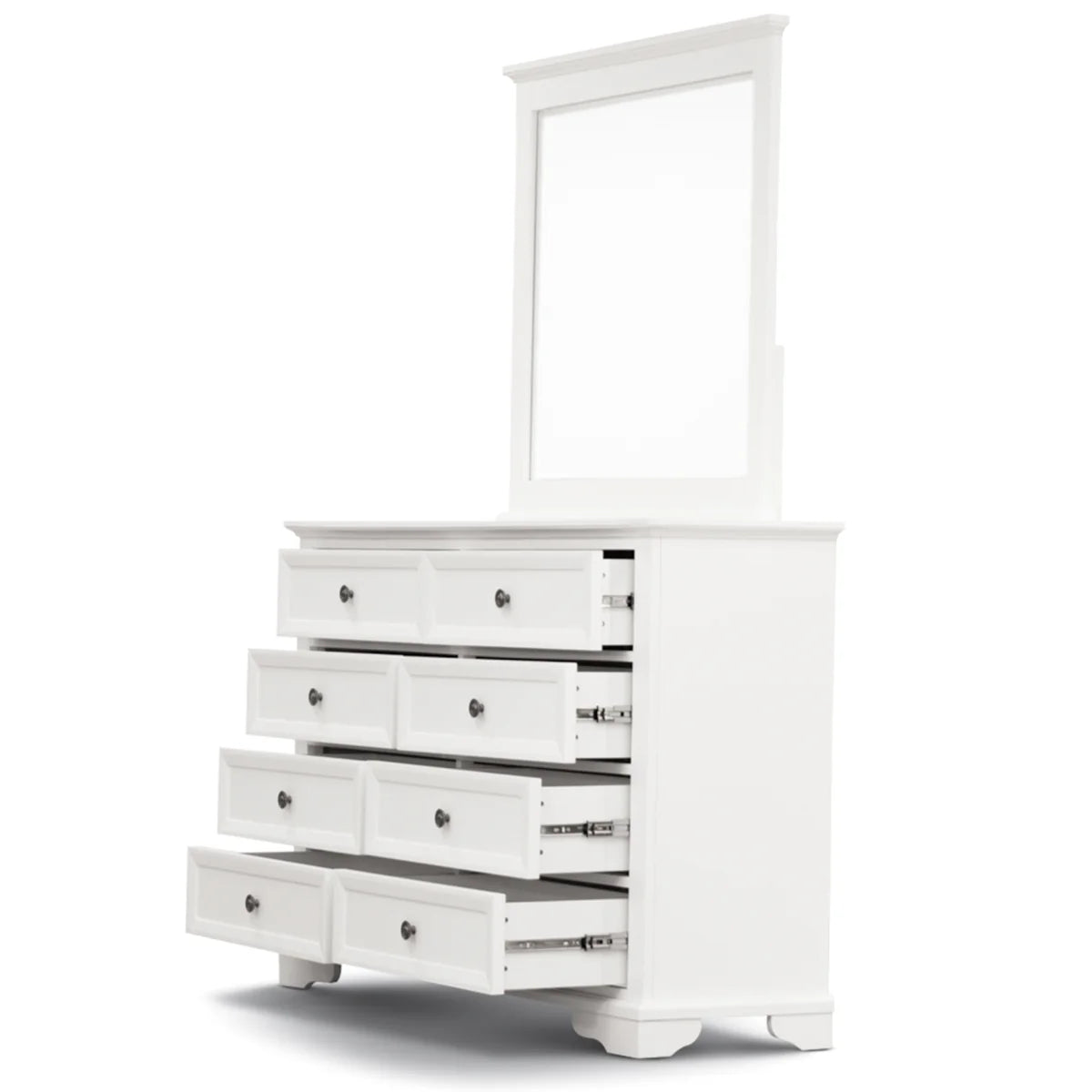 White dresser with multiple drawers and a mirror on a white background