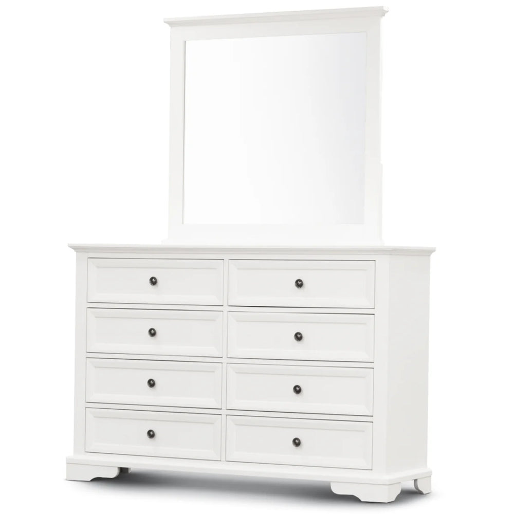 A white wooden dresser with eight drawers and a matching rectangular mirror, shown on a plain white background.