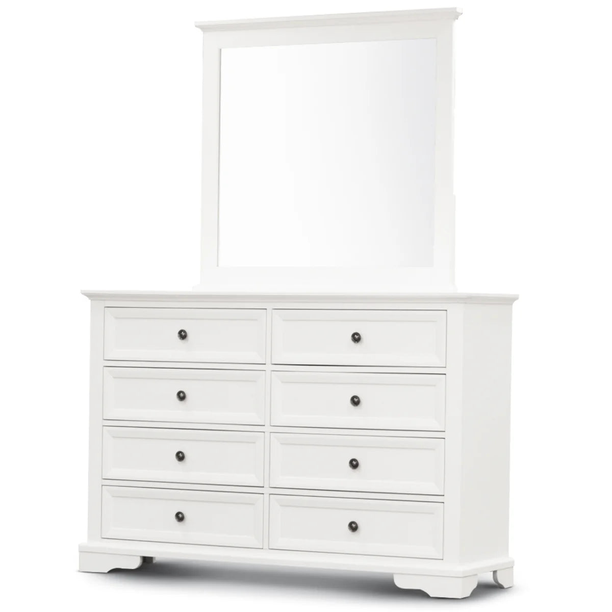 A white wooden dresser with eight drawers and a matching rectangular mirror, shown on a plain white background.