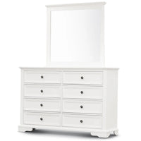 A white wooden dresser with eight drawers and a matching rectangular mirror, shown on a plain white background.