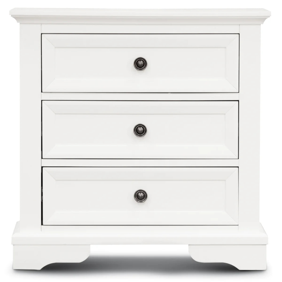 A white three-drawer nightstand with black round knobs, shown against a plain white background.