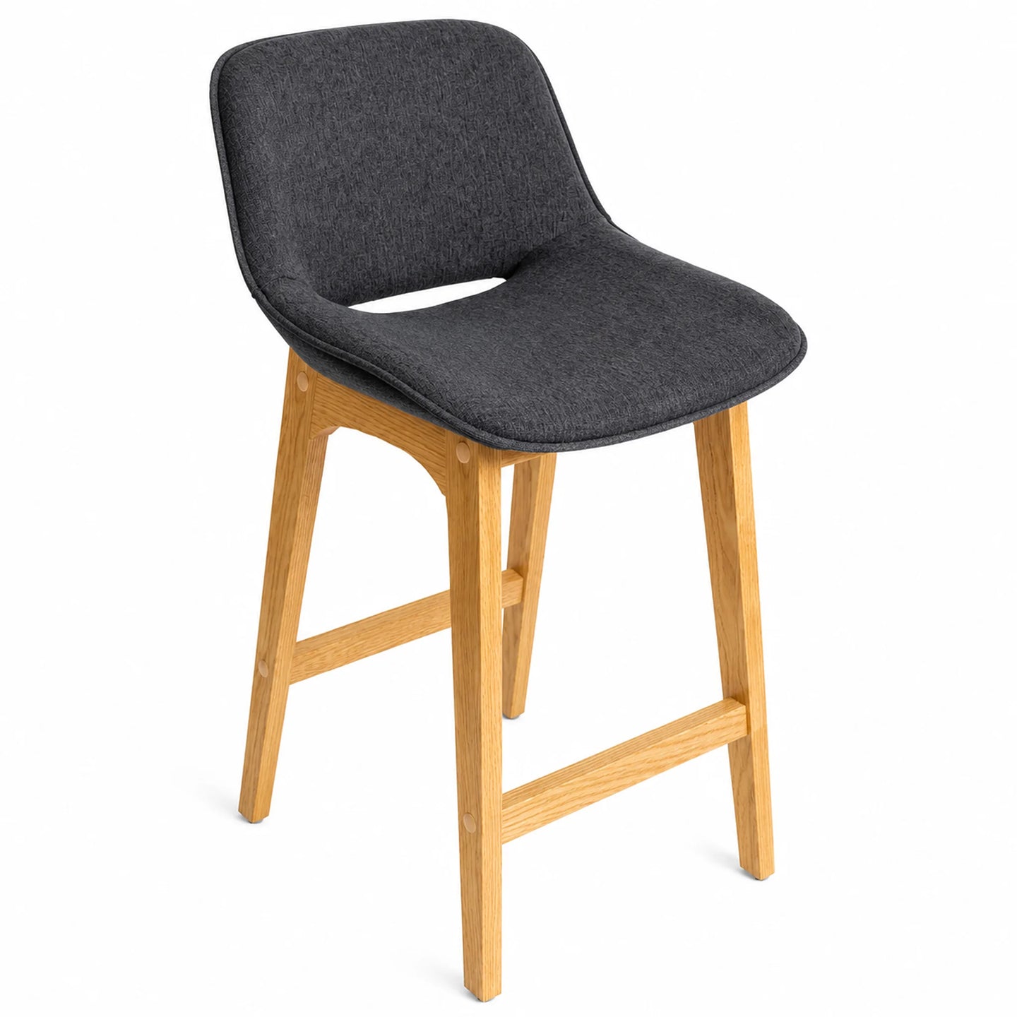 A modern bar stool with a dark gray textured fabric seat and a light natural wood frame, shown on a plain white background.