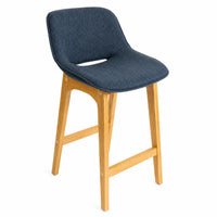 A modern counter stool with a dark blue textured fabric seat and a light natural wood frame, shown on a plain white background.