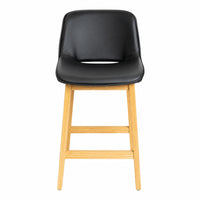 A modern counter stool with a black faux leather seat and a light natural wood frame, shown against a plain white background.