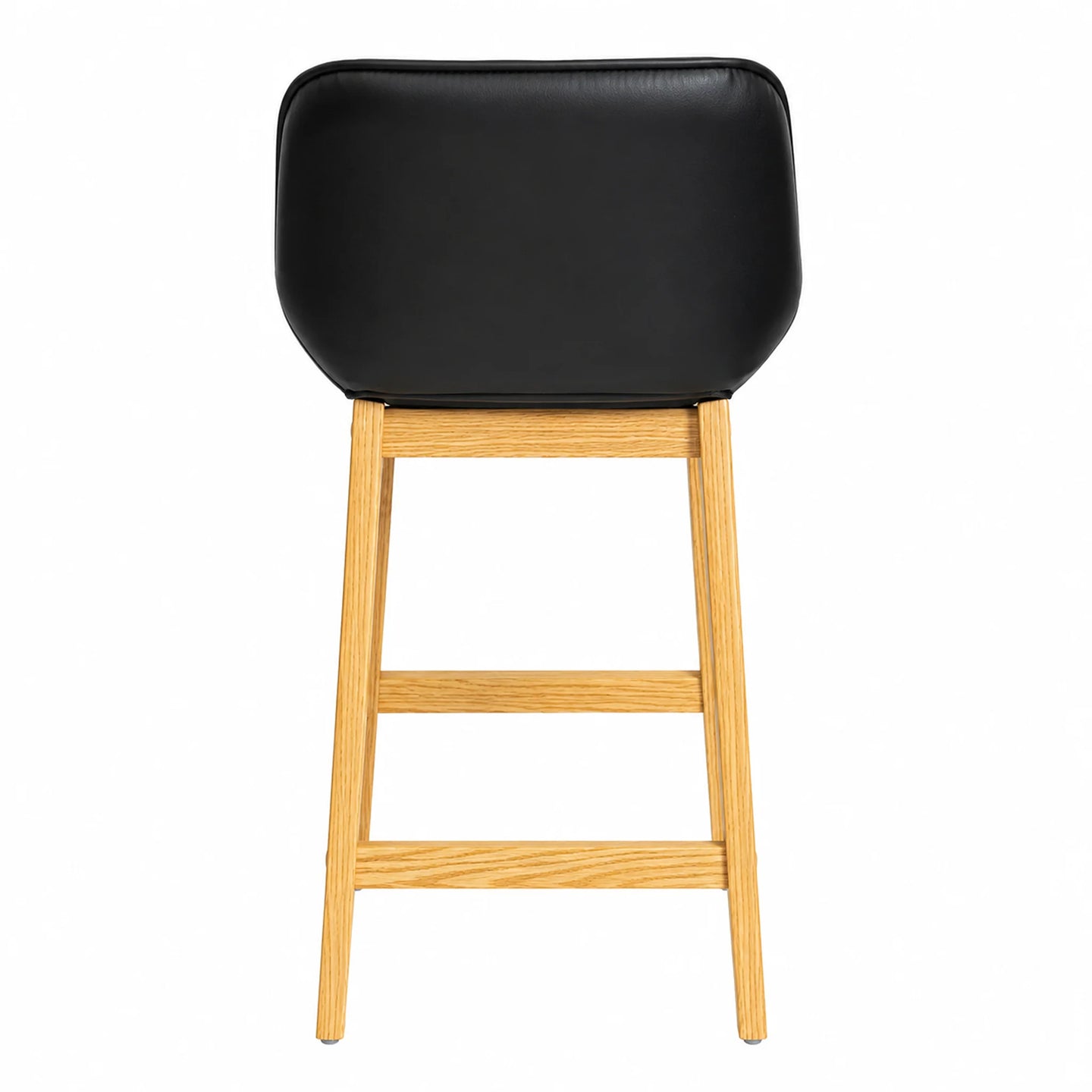 A modern bar stool with a black upholstered seat and a light natural wood frame, shown from the front against a plain white background.