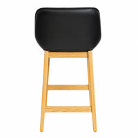 A modern bar stool with a black upholstered seat and a light natural wood frame, shown from the front against a plain white background.