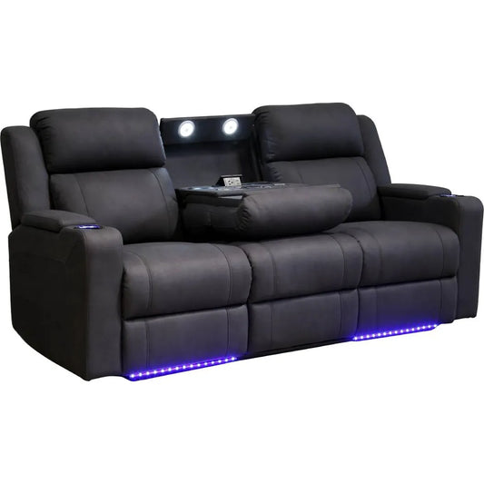 Academy 3 seater Rhino Suede electric recliner sofa with open drop-down media tray and illuminated base – three-quarter view