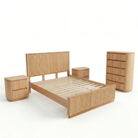 A mid-century modern wooden bedroom furniture set including a bed frame, a two-drawer nightstand, a single-bed side table, and a five-drawer chest, all crafted from light natural wood with vertical slat panel details.
