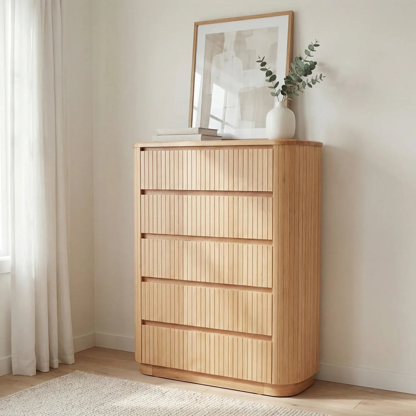 Wooden dresser with a mirror and plant in a room with curtains and rug.