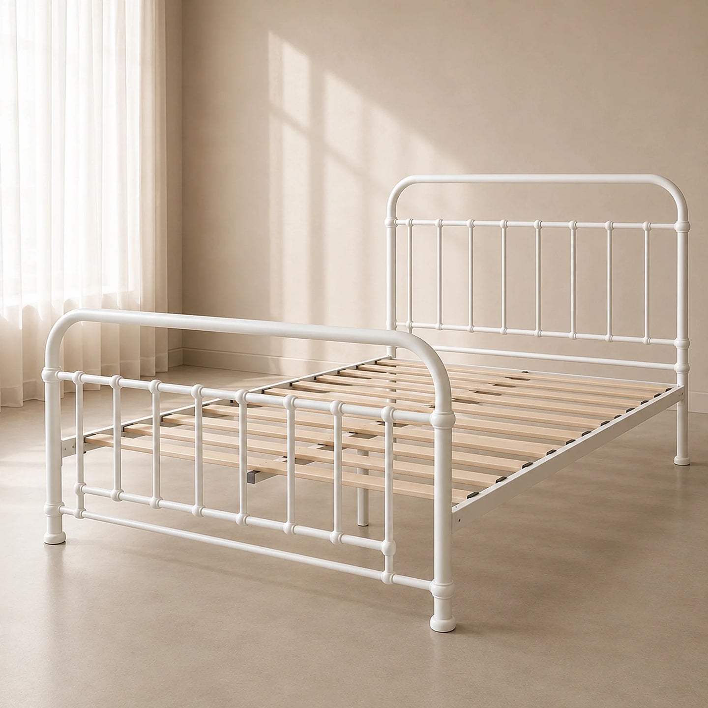 A white metal bed frame with wooden slats, shown in a softly lit beige room with curtains and sunlight streaming in.