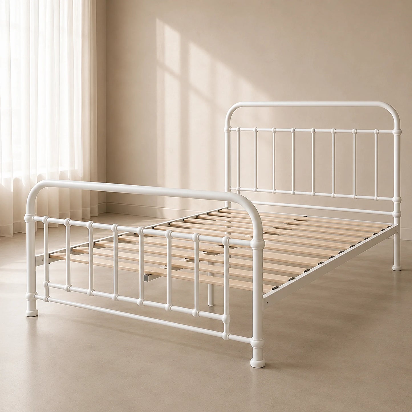 A white metal bed frame with wooden slats, shown in a softly lit beige room with curtains and sunlight streaming in.
