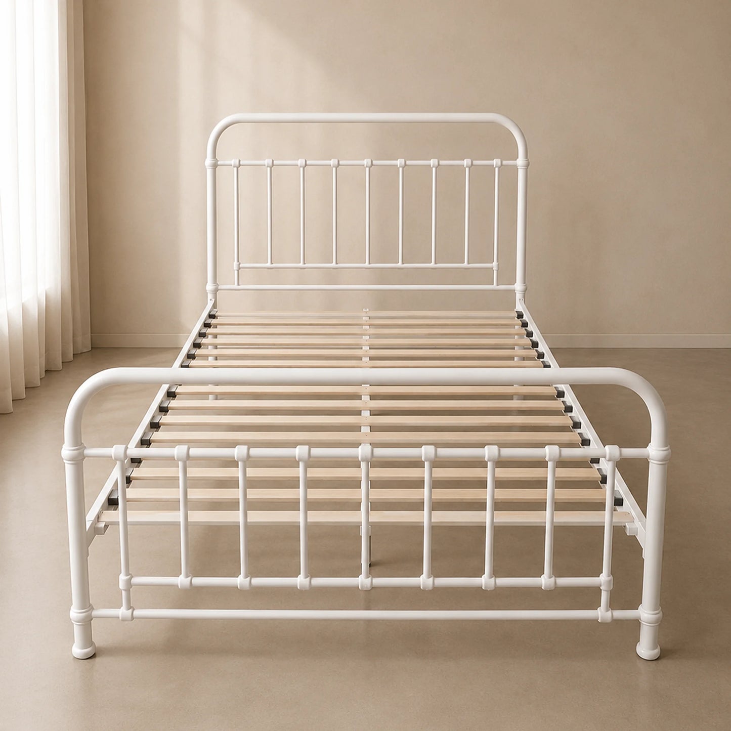 A white metal bed frame with slatted headboard and footboard, shown on wooden bed boards in a minimalist bedroom setting with beige walls and curtains.