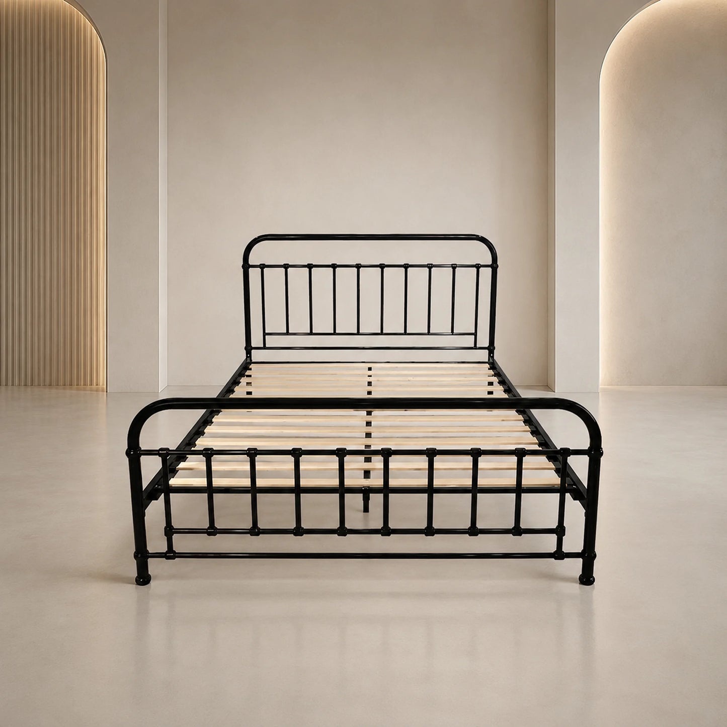 A black metal bed frame with light wood slats, shown in a minimalist, warm-toned room with arched wall details.
