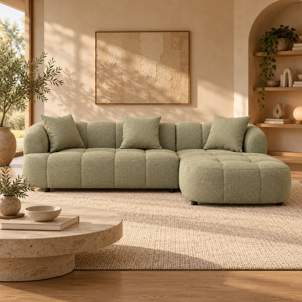 Alberta Pistachio 3 seater chaise lounge with rounded arms, tufted upholstery and three scatter cushions, right-hand chaise view