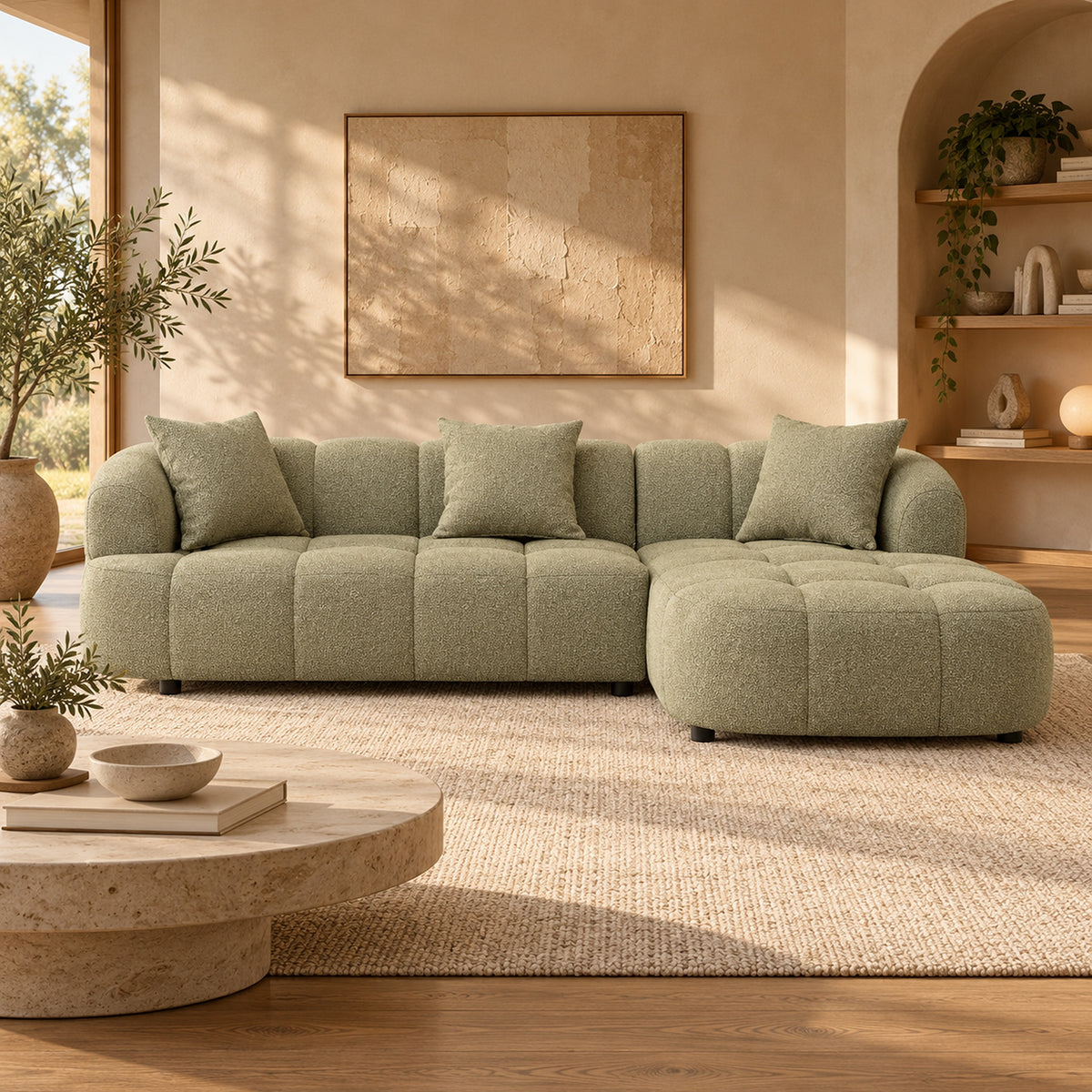 Alberta Pistachio 3 seater chaise lounge with rounded arms, tufted upholstery and three scatter cushions, right-hand chaise view