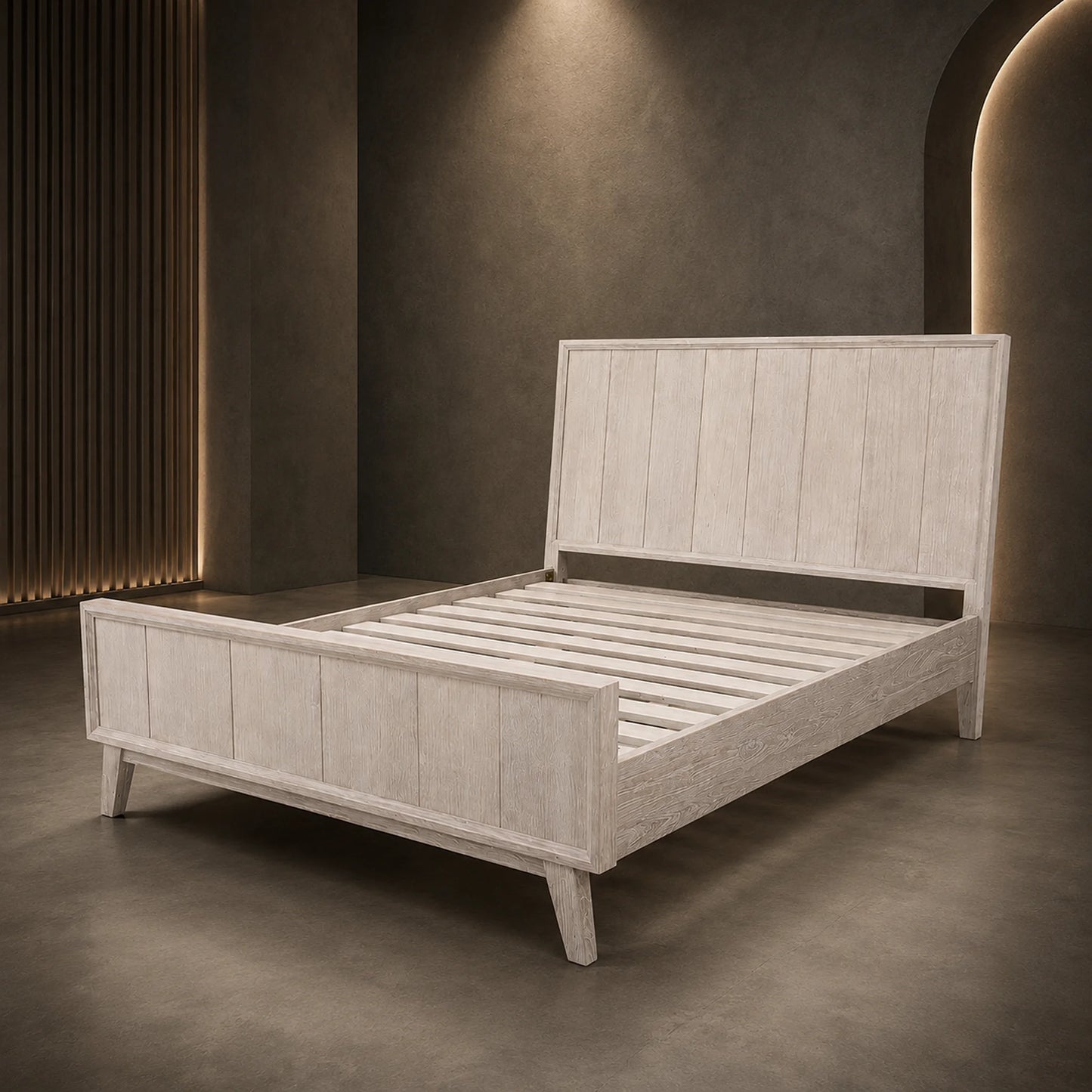 A light gray distressed wood platform bed frame with a tall slatted headboard and footboard, shown in a modern, dimly lit bedroom setting.