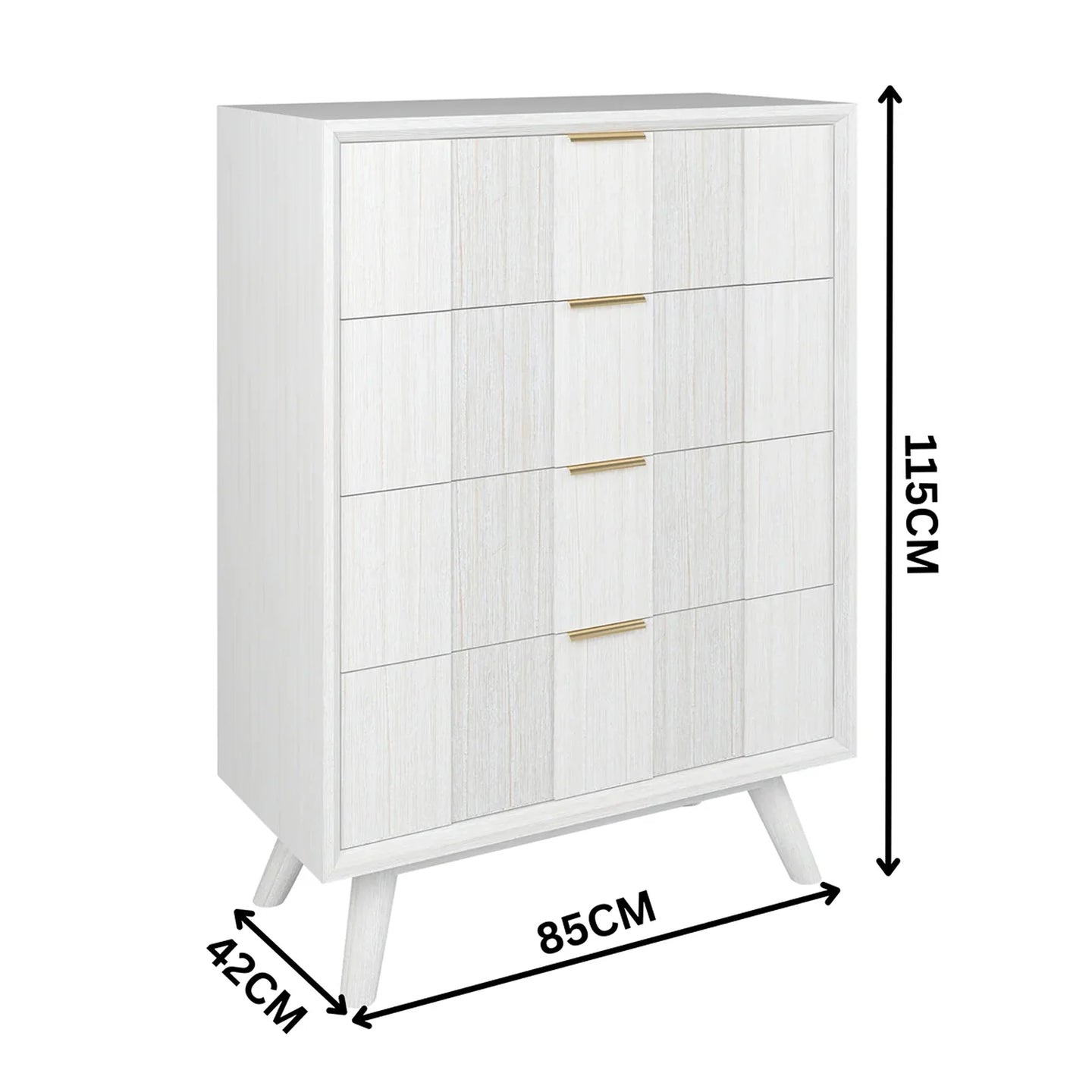 A white five-drawer chest of drawers with light woodgrain panel fronts and slim gold handles, shown with dimension arrows and labels indicating 115cm height, 85cm width, and 42cm leg depth on a white background.