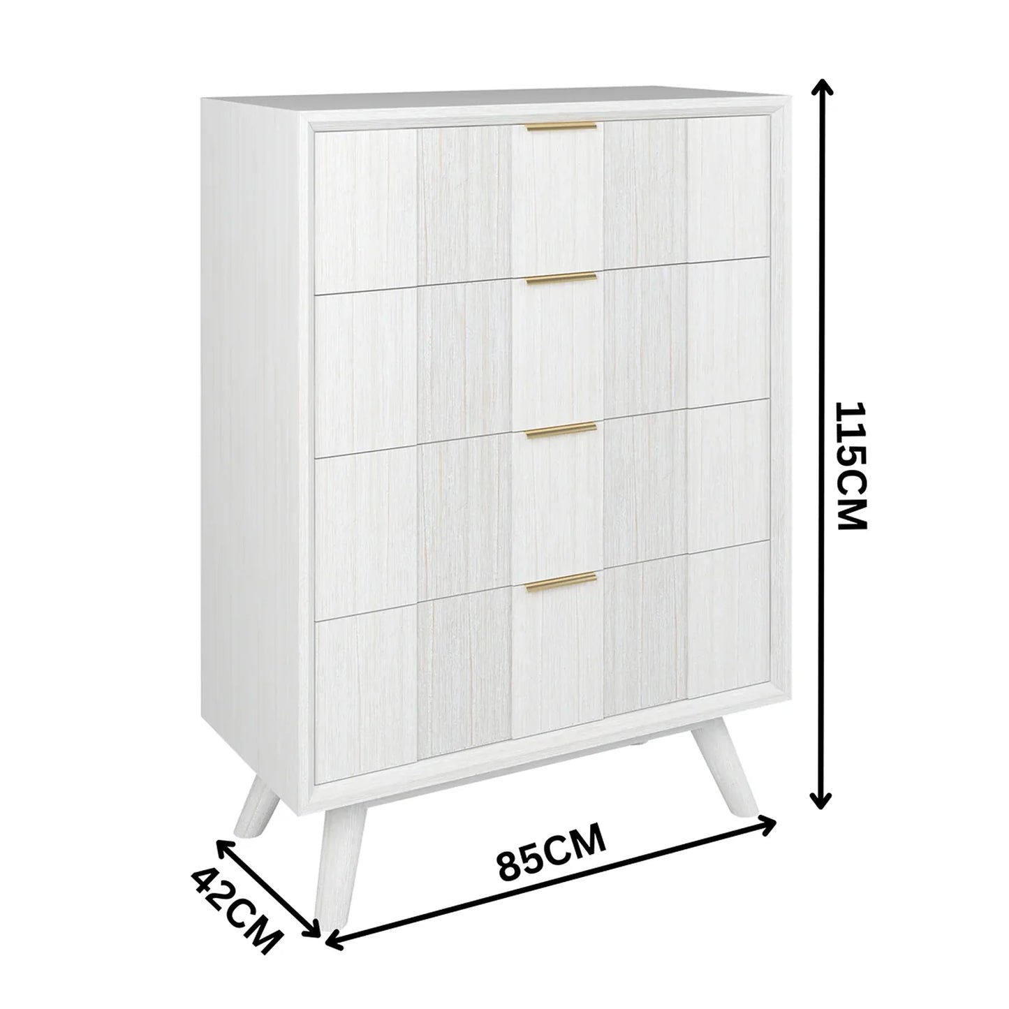 A white five-drawer chest of drawers with light woodgrain panel fronts and slim gold handles, shown with dimension arrows and labels indicating 115cm height, 85cm width, and 42cm leg depth on a white background.