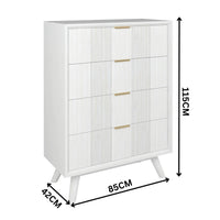 A white five-drawer chest of drawers with light woodgrain panel fronts and slim gold handles, shown with dimension arrows and labels indicating 115cm height, 85cm width, and 42cm leg depth on a white background.