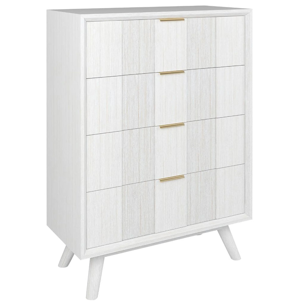 A modern 4-drawer chest of drawers in white with a light wood grain texture and slim gold metal handles, shown on a plain white background.