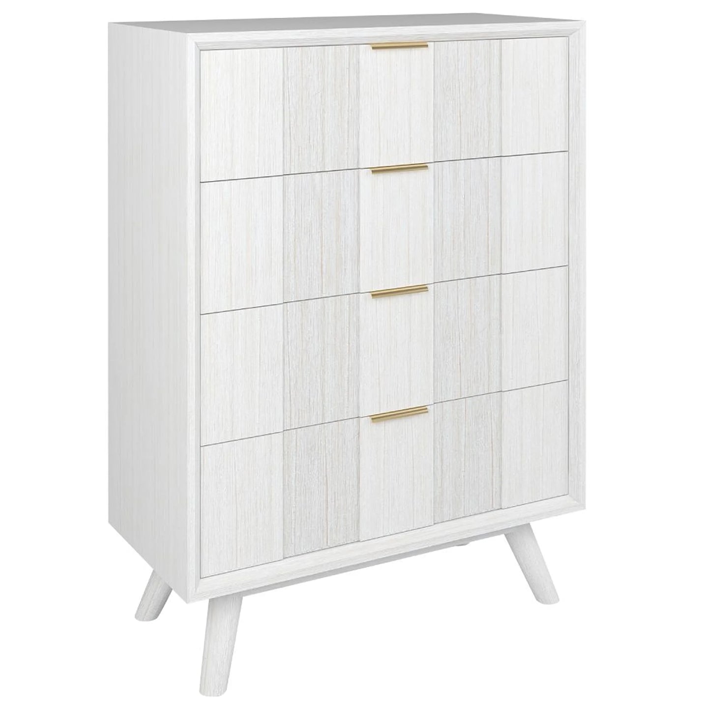 A modern 4-drawer chest of drawers in white with a light wood grain texture and slim gold metal handles, shown on a plain white background.
