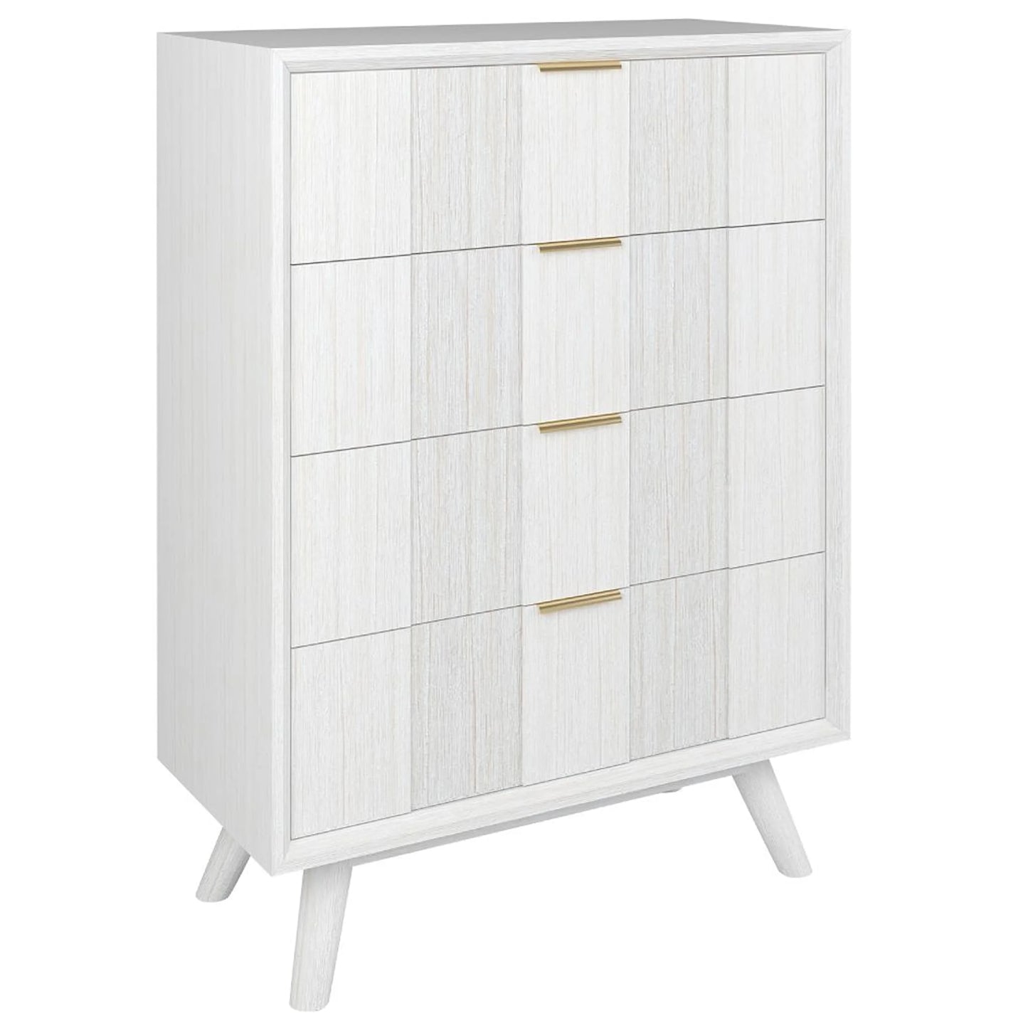 A modern 4-drawer chest of drawers in white with a light wood grain texture and slim gold metal handles, shown on a plain white background.