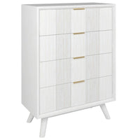 A modern 4-drawer chest of drawers in white with a light wood grain texture and slim gold metal handles, shown on a plain white background.