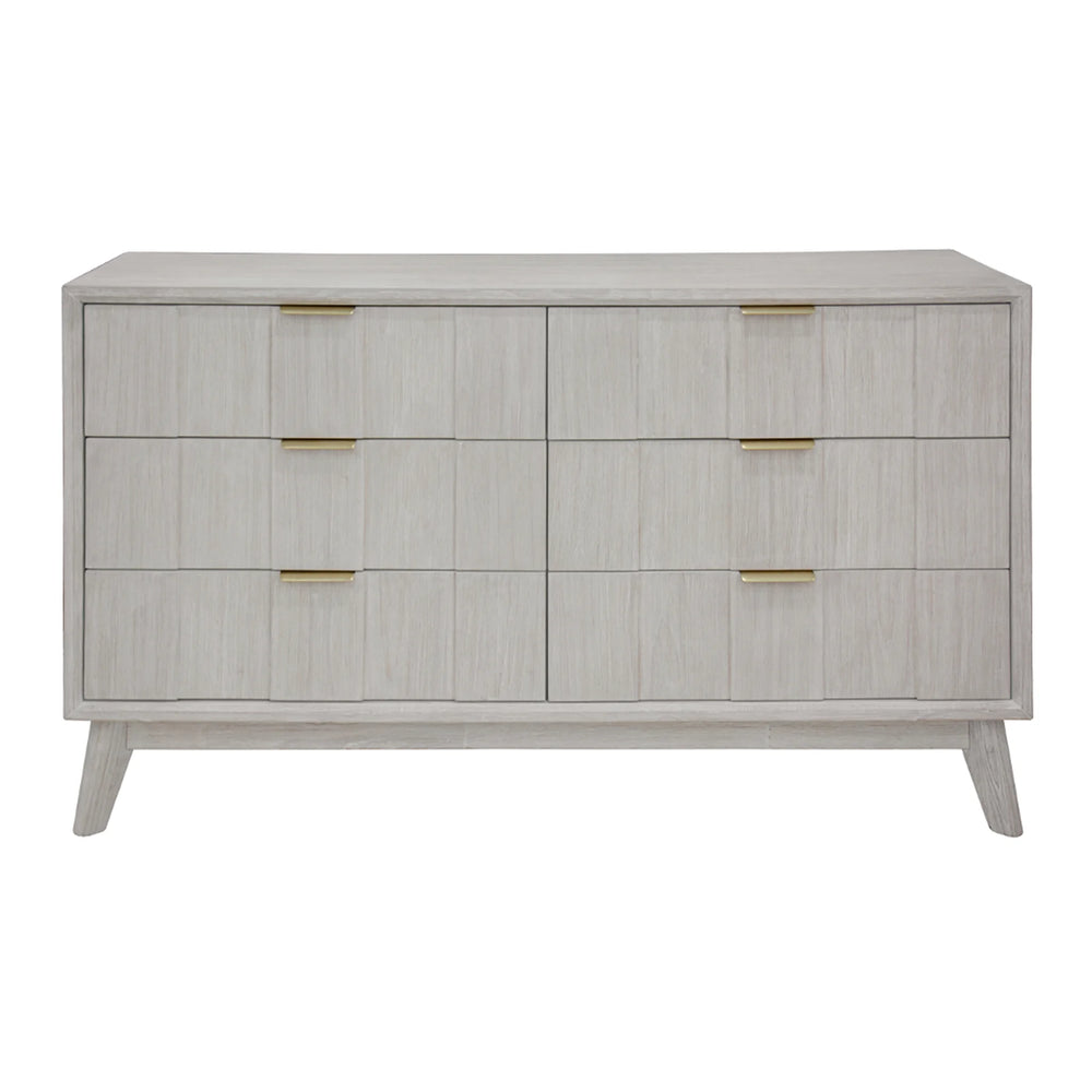 A mid-century modern six-drawer dresser with a light gray wood grain finish and slim gold metal handles, shown against a plain white background.