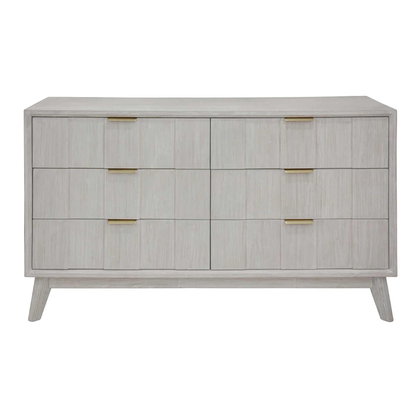 A mid-century modern six-drawer dresser with a light gray wood grain finish and slim gold metal handles, shown against a plain white background.