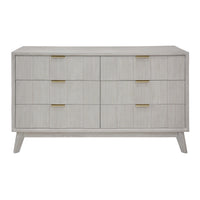 A mid-century modern six-drawer dresser with a light gray wood grain finish and slim gold metal handles, shown against a plain white background.