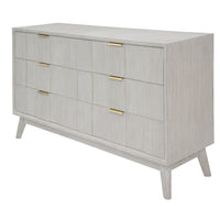 A mid-century modern dresser with a light gray wood grain finish and six drawers, each featuring a slim gold pull handle, shown on a plain white background.