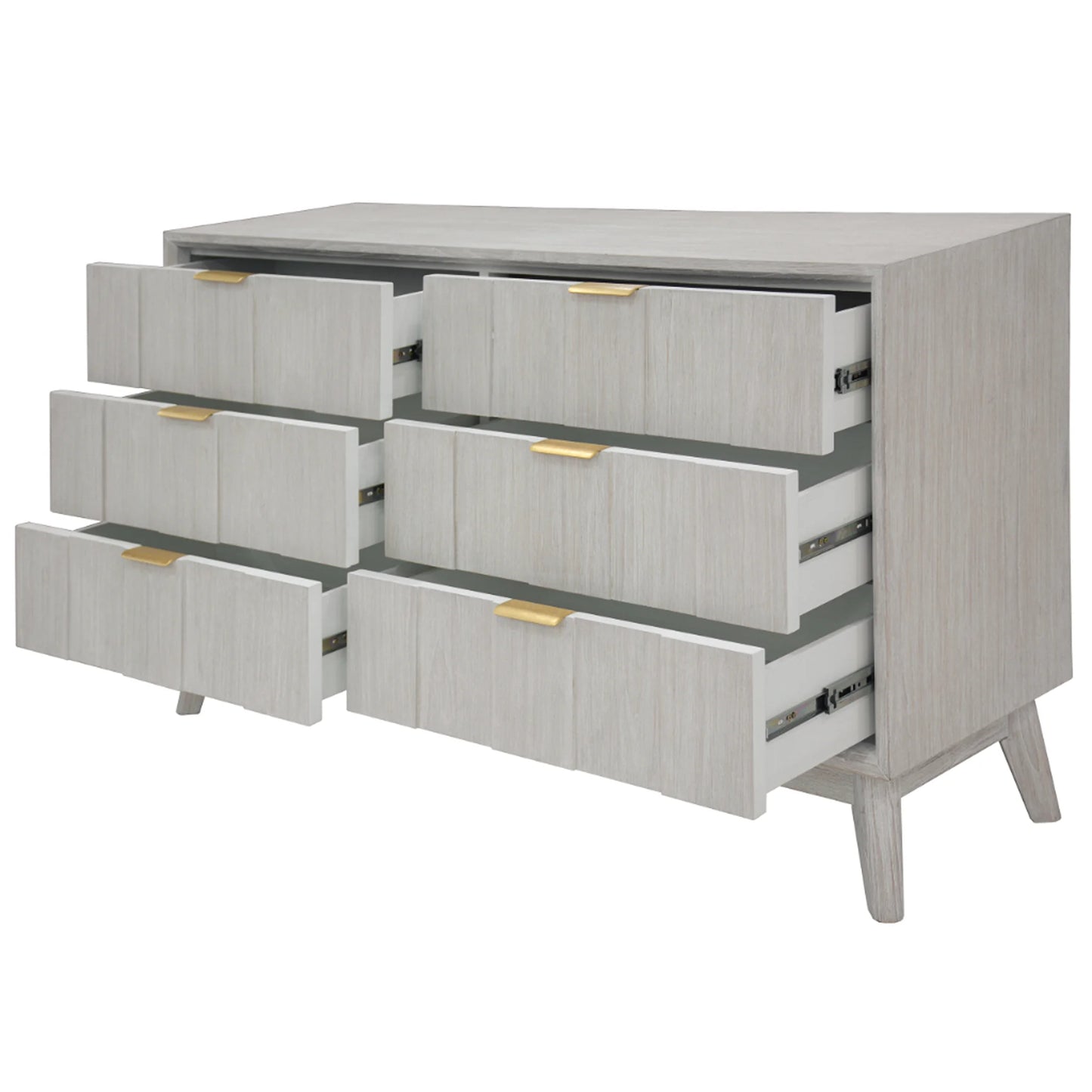 A mid-century modern 6-drawer dresser in light gray wood grain with gold pull handles, shown with three drawers pulled open against a white background.
