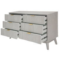 A mid-century modern 6-drawer dresser in light gray wood grain with gold pull handles, shown with three drawers pulled open against a white background.
