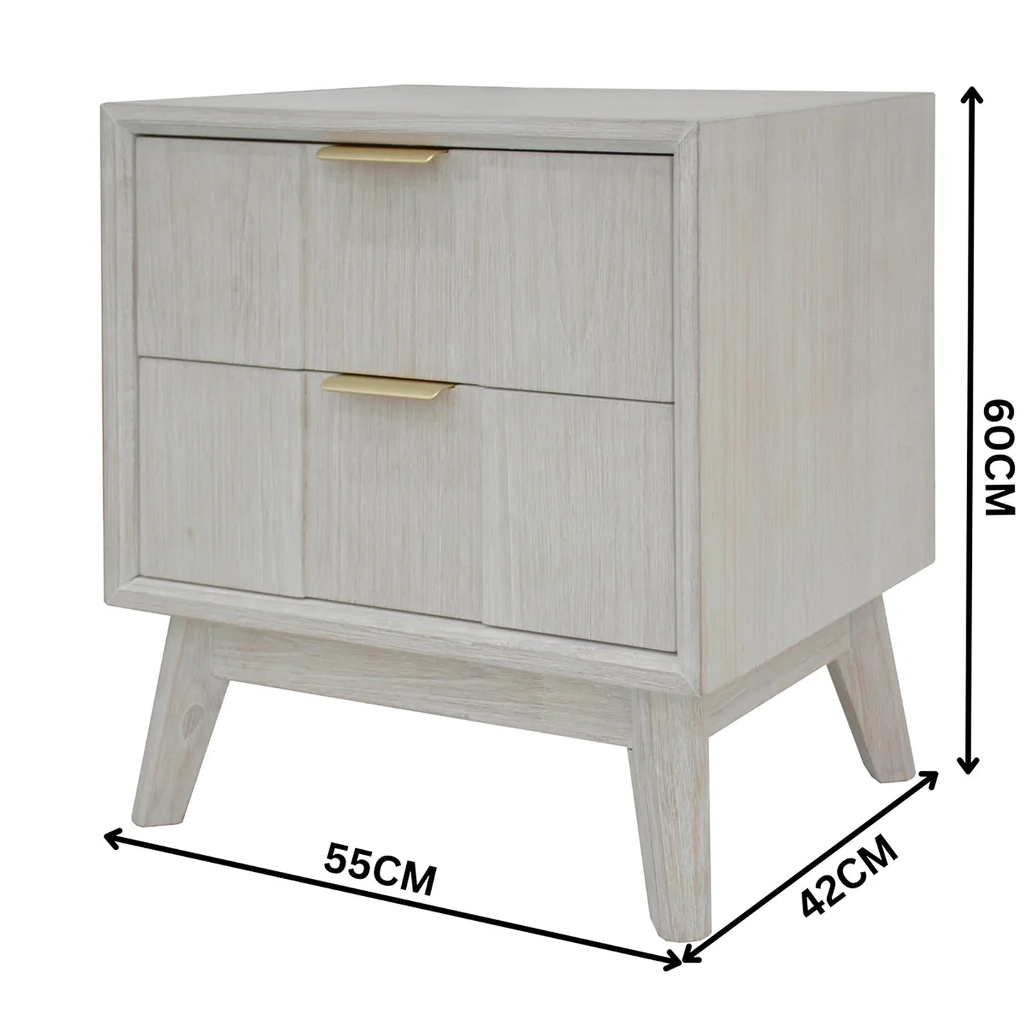 Wooden nightstand with dimensions labeled on a white background